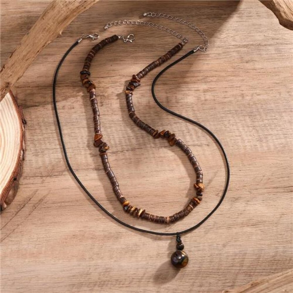 Layered Boho Necklaces For Men Stackable Wooden B… - image 7